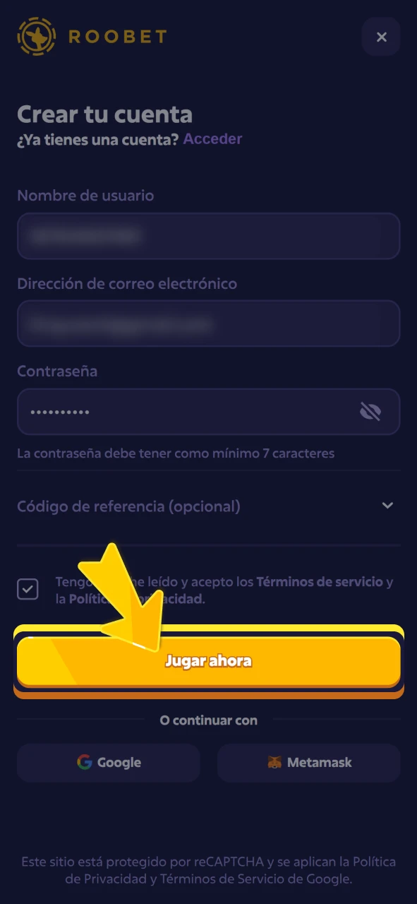 Registre sus datos personales en el portal móvil oficial de Roobet.