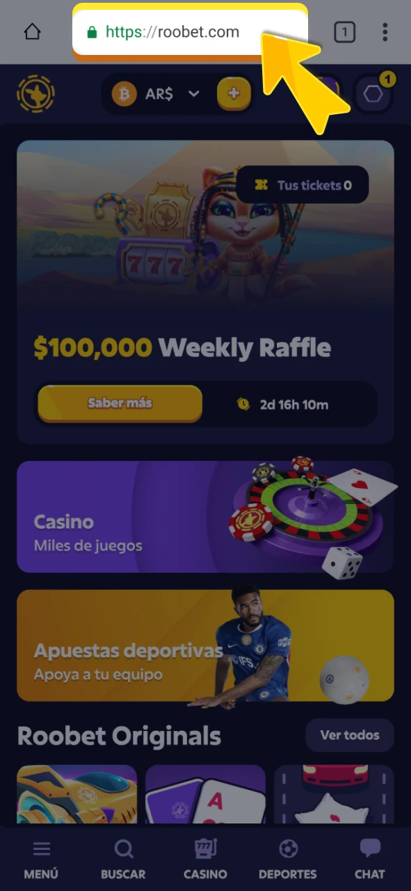 Utilice la versión web móvil desde el navegador oficial de Roobet.