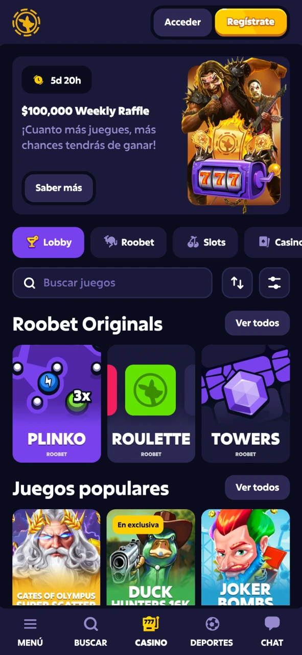 Disfrute juegos de azar móviles en la plataforma oficial de Roobet.
