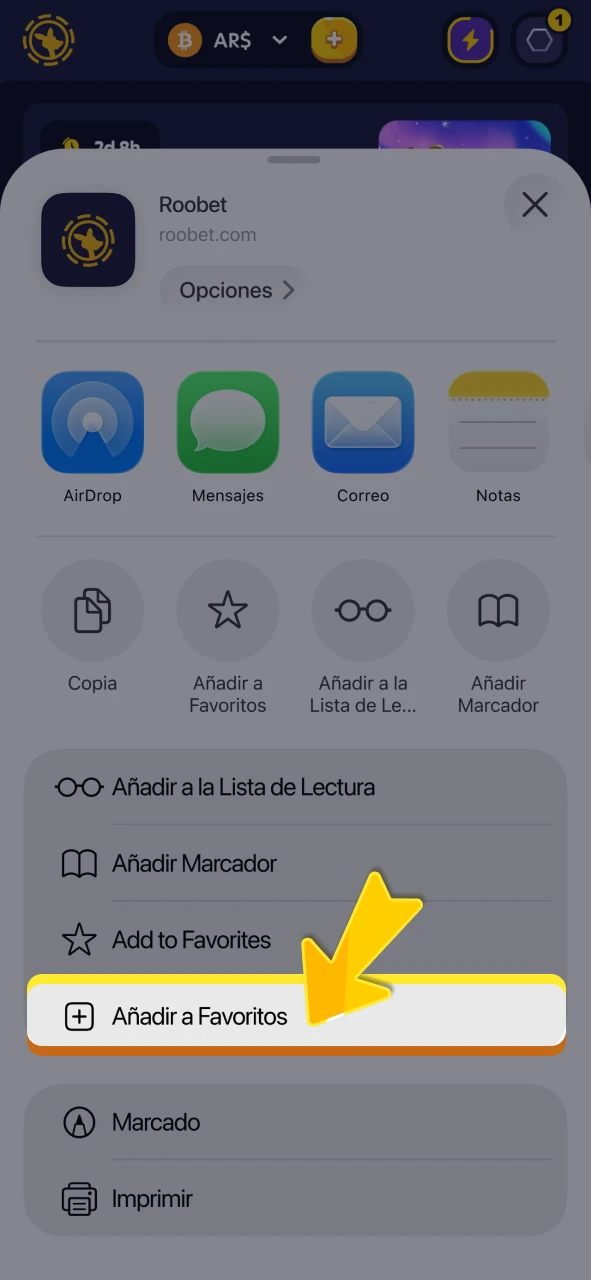 Instale el acceso directo en la pantalla oficial de Roobet Argentina.
