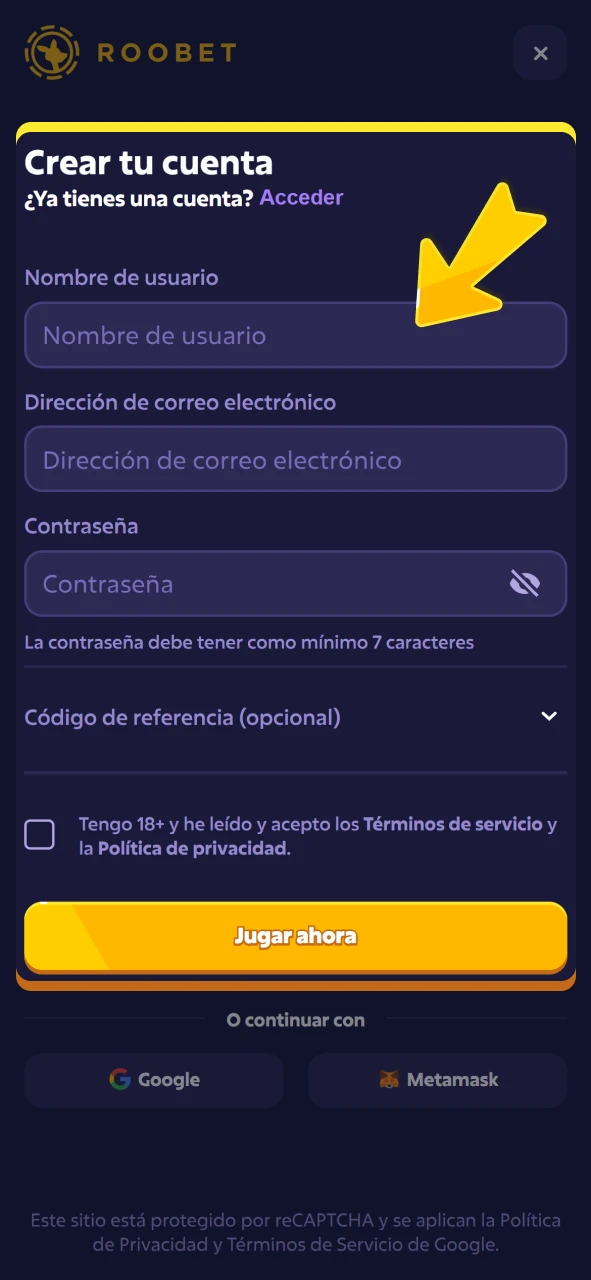 Cree su cuenta de usuario en la plataforma oficial de Roobet.