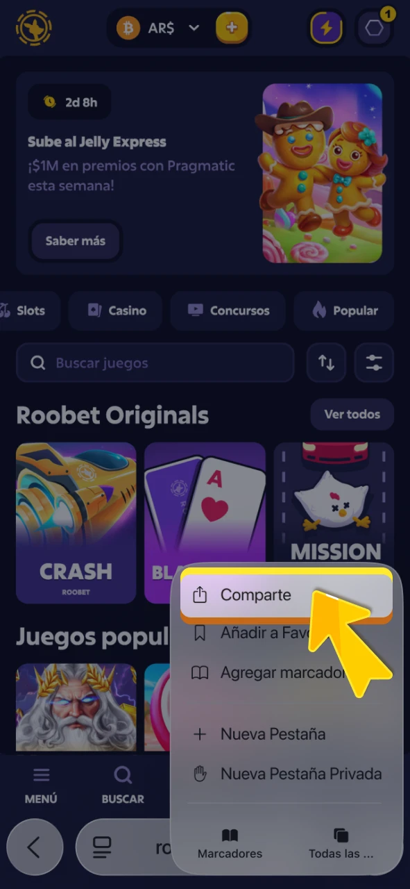 Seleccione la función compartir en el sitio web oficial de Roobet.