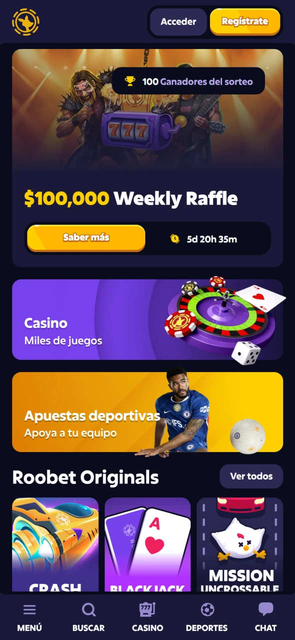 Navegue por el menú de inicio en la app oficial Roobet.