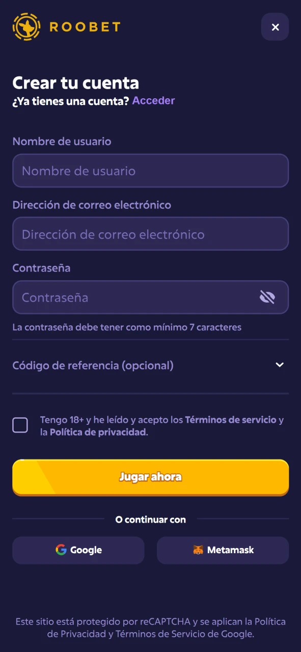 Complete su inscripción móvil en el sitio web oficial de Roobet.