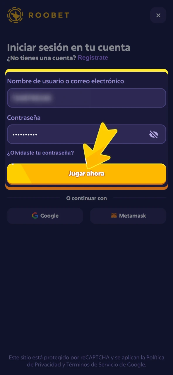 Inicie sesión en su cuenta dentro del sitio oficial de Roobet.