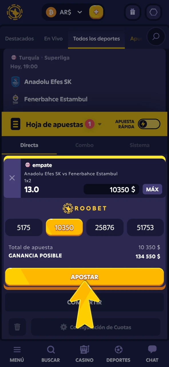 Confirme el monto de su apuesta en el cupón oficial Roobet.