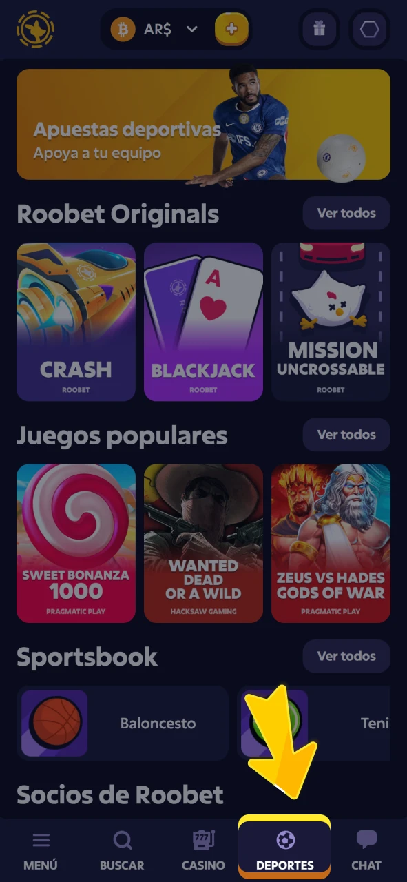 Abra el menú de deportes en la plataforma oficial de Roobet.
