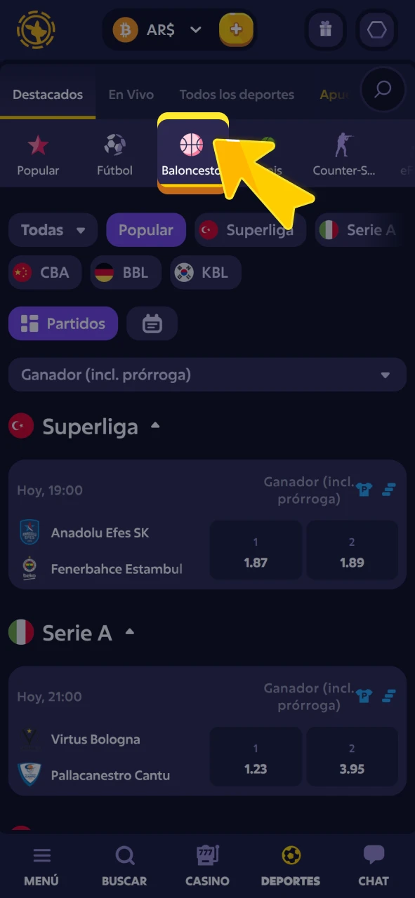 Seleccione la categoría de básquet en el portal oficial de Roobet.