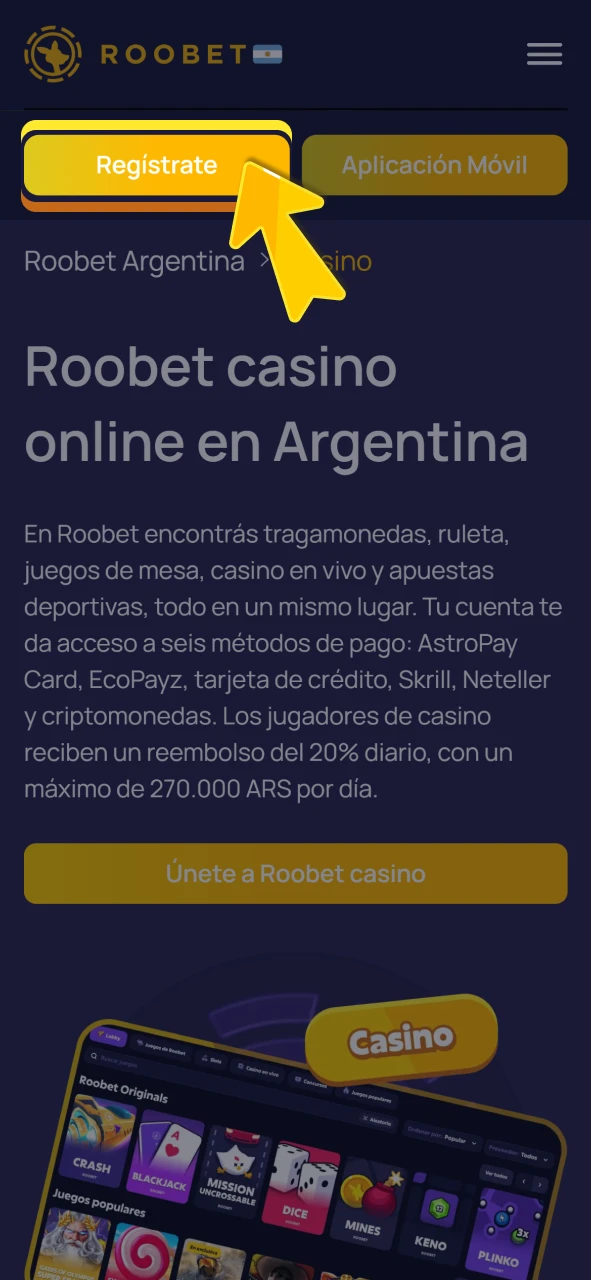 Inicie su registro de usuario en la plataforma oficial de Roobet.