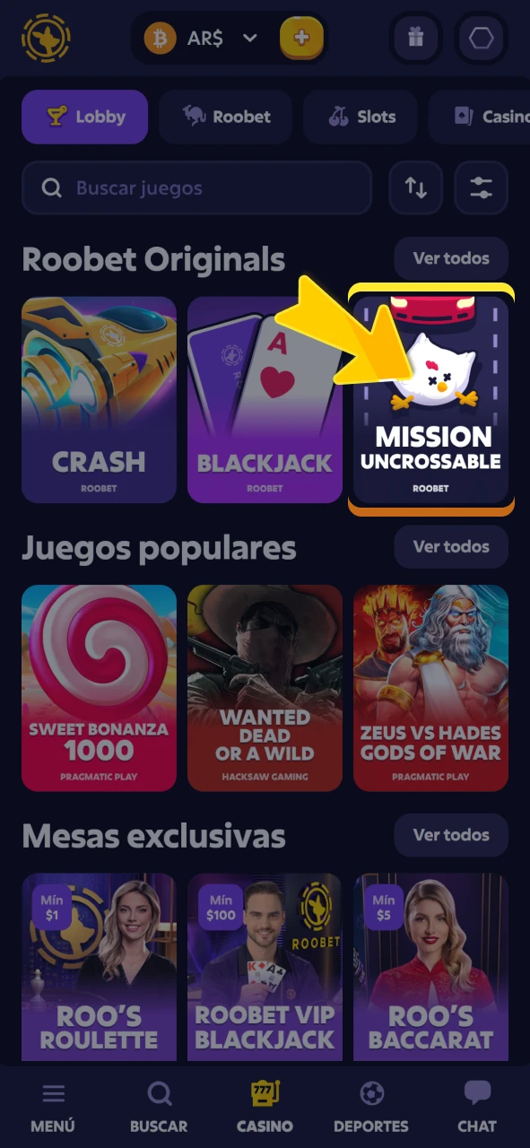 Explore el catálogo de juegos en el casino oficial de Roobet.