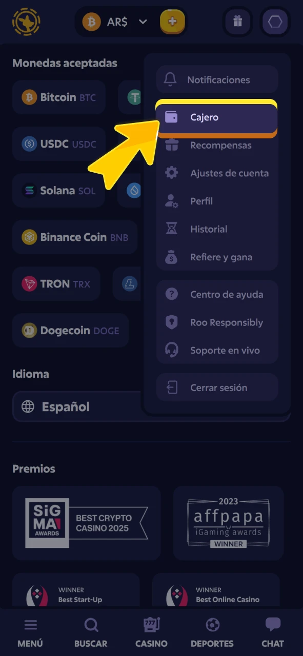 Abra el menú de cajero en el sitio web oficial Roobet.