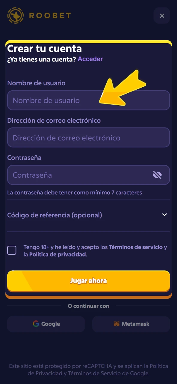 Inicie su registro de usuario en la plataforma oficial de Roobet.