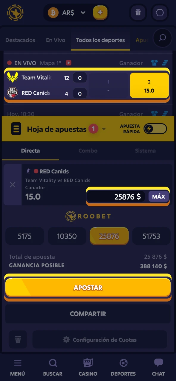 Confirme su apuesta de eSports en la cuenta oficial de Roobet.