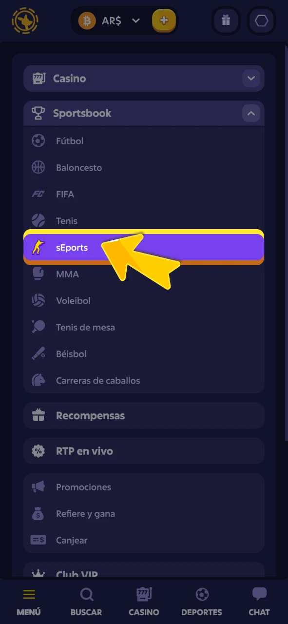 Explore la sección de eSports en el sitio web oficial Roobet.