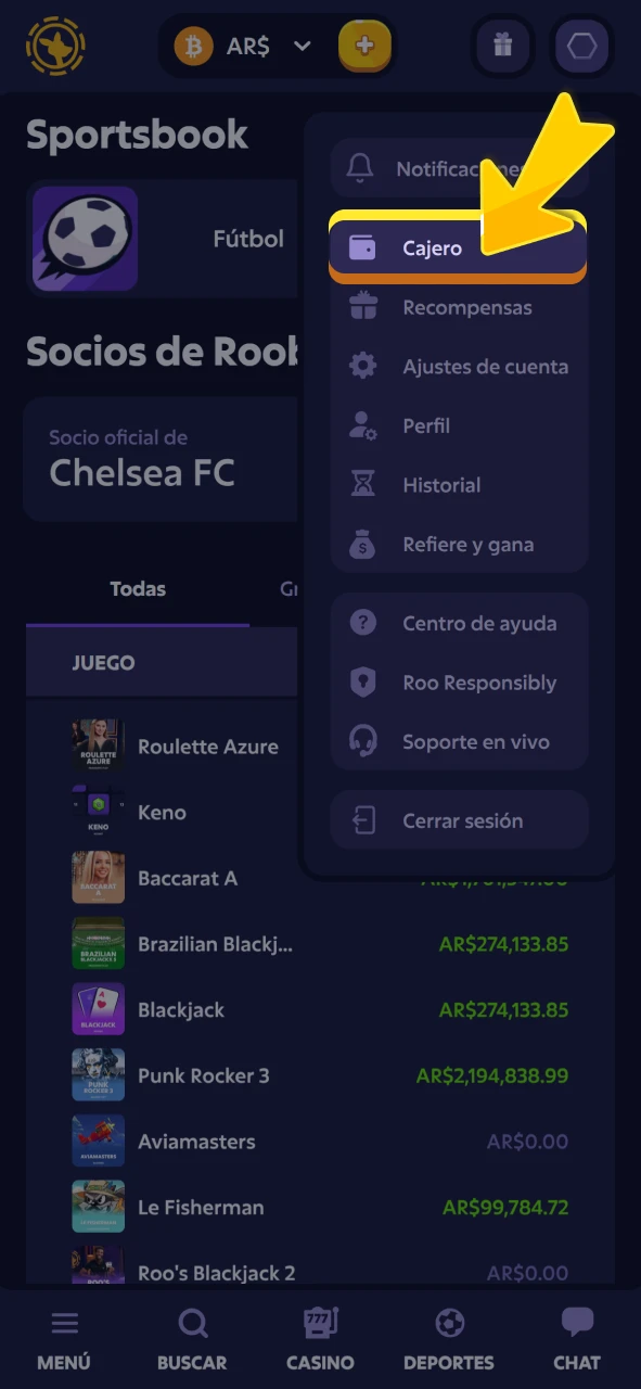 Cargue fondos en su cuenta desde el portal oficial de Roobet.