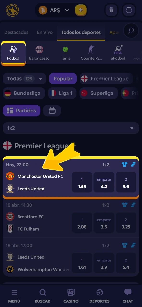 Seleccione ligas de fútbol en el sitio web oficial de Roobet.