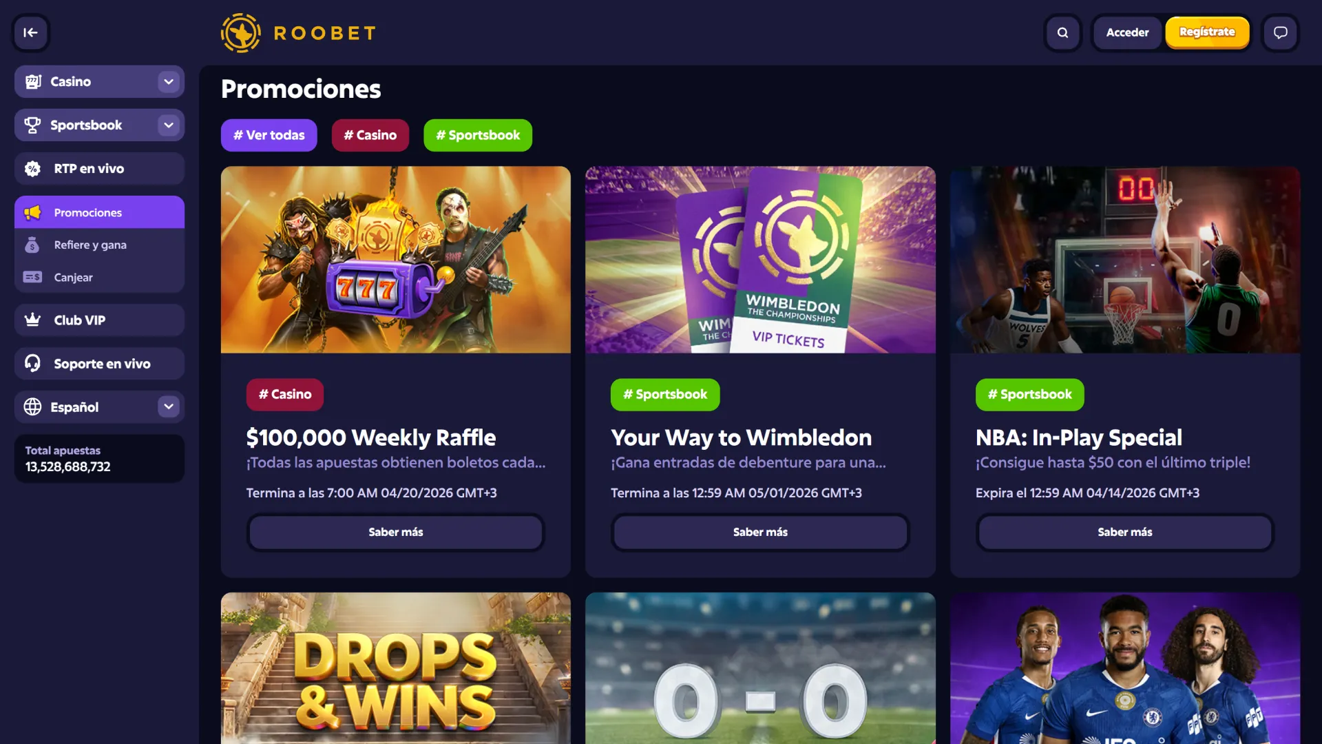 Consulte las promociones vigentes en el sitio web oficial de Roobet.