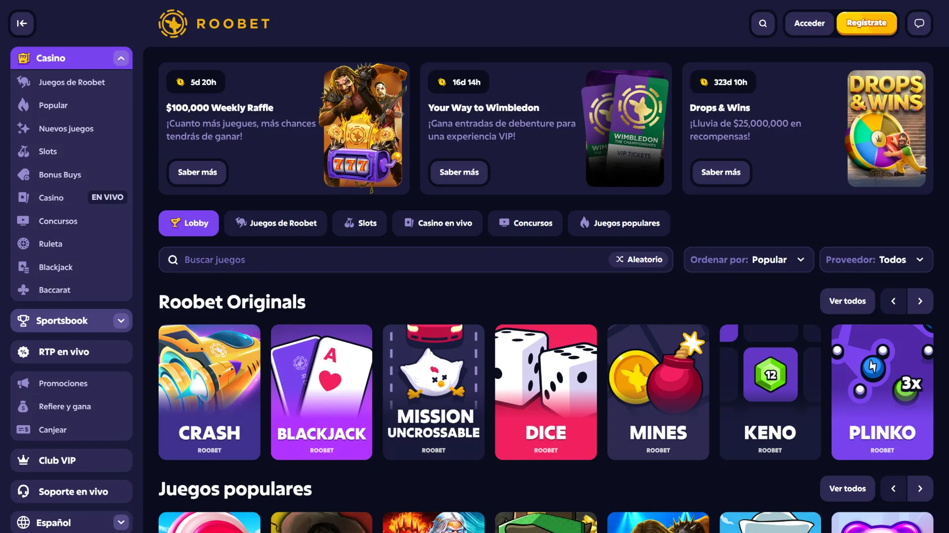 Vea el catálogo de juegos en la sección oficial de Roobet.