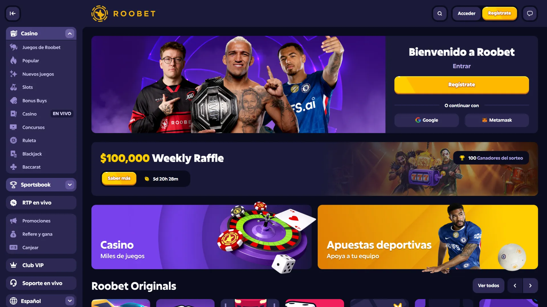 Explore la interfaz de la página principal oficial de Roobet Argentina.
