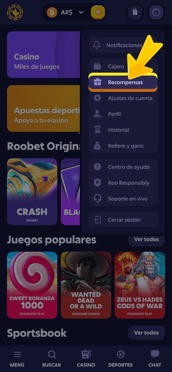 Verifique la activación del bono en la cuenta oficial de Roobet.