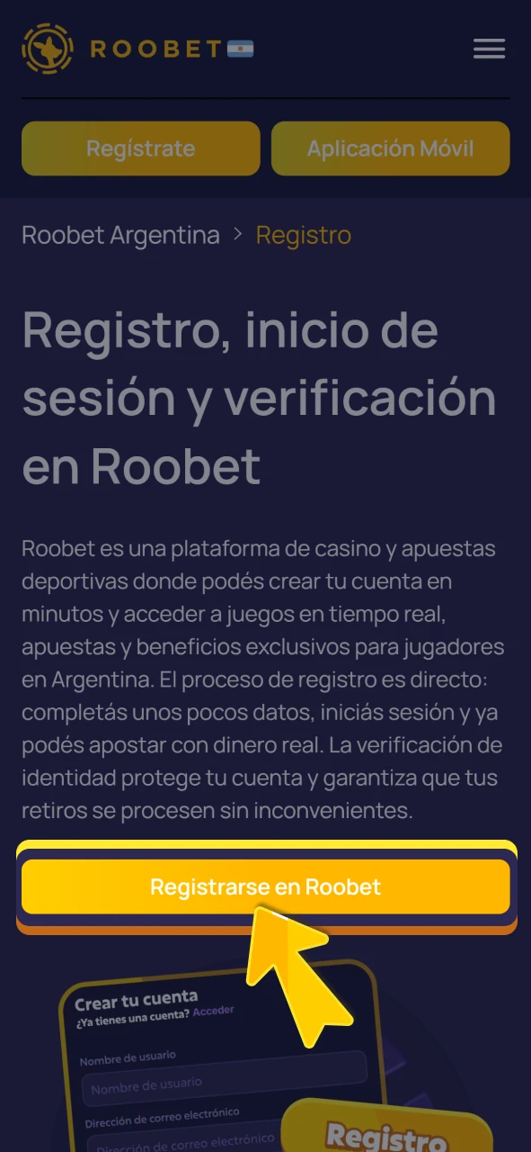 Presione el botón de registro en el sitio oficial de Roobet.