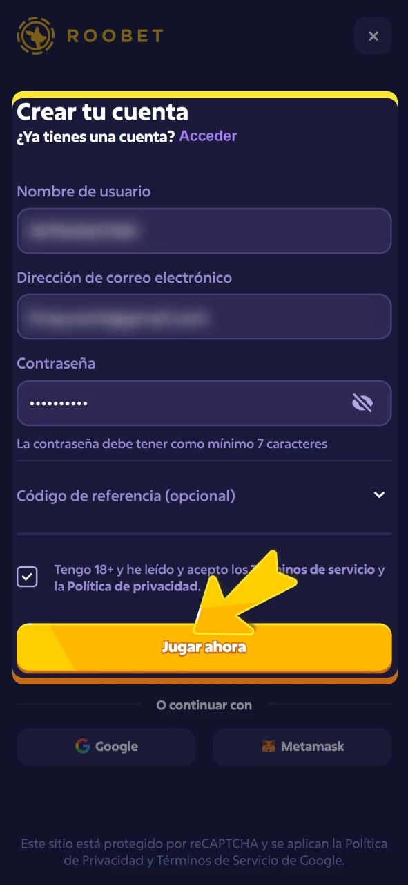 Complete el formulario de inscripción en la plataforma oficial de Roobet.