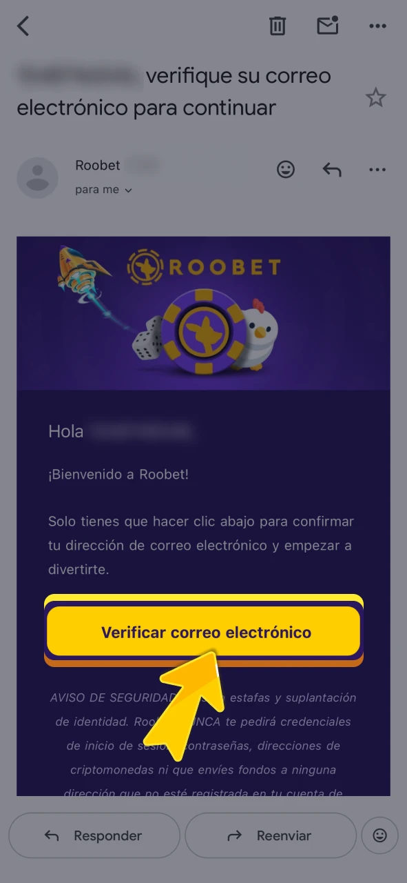 Confirme su correo electrónico mediante el enlace oficial de Roobet.