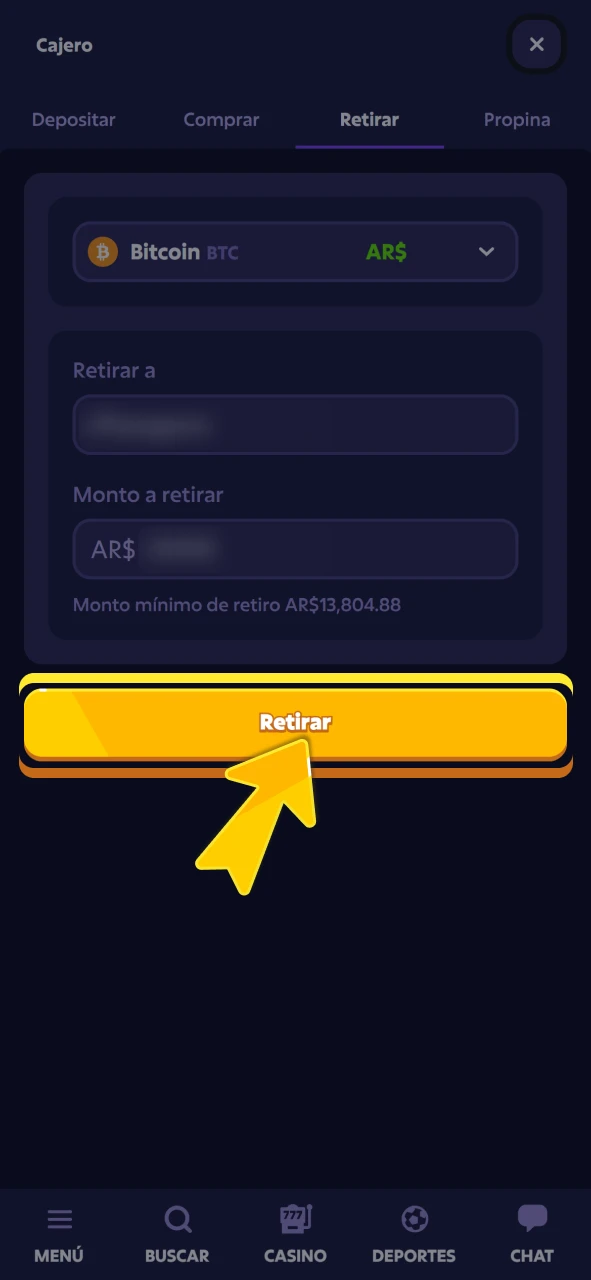 Finalice su solicitud de retiro en el sistema oficial de Roobet.
