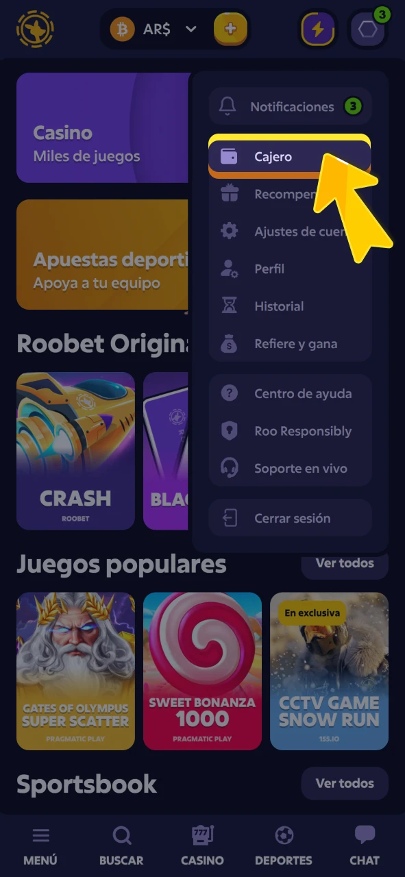 Abra el menú de billetera en la plataforma oficial de Roobet.