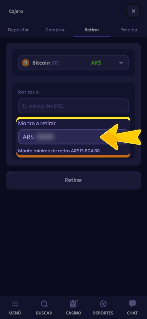 Indique el monto para retirar en la cuenta oficial de Roobet.
