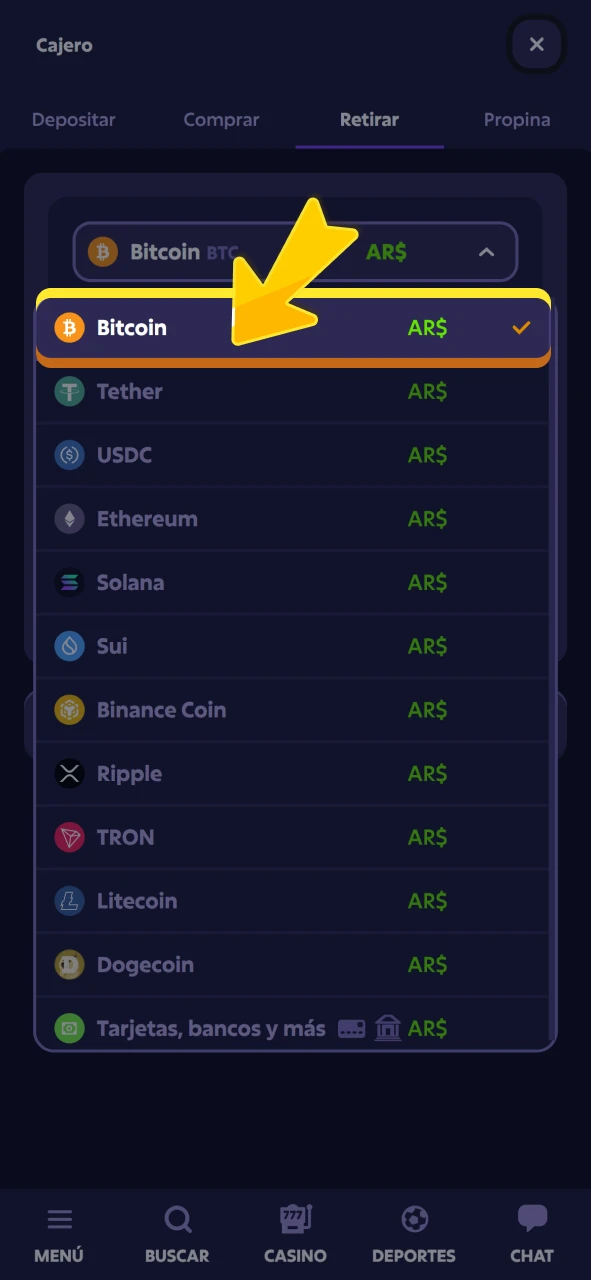 Seleccione su método de cobro en el portal oficial de Roobet.