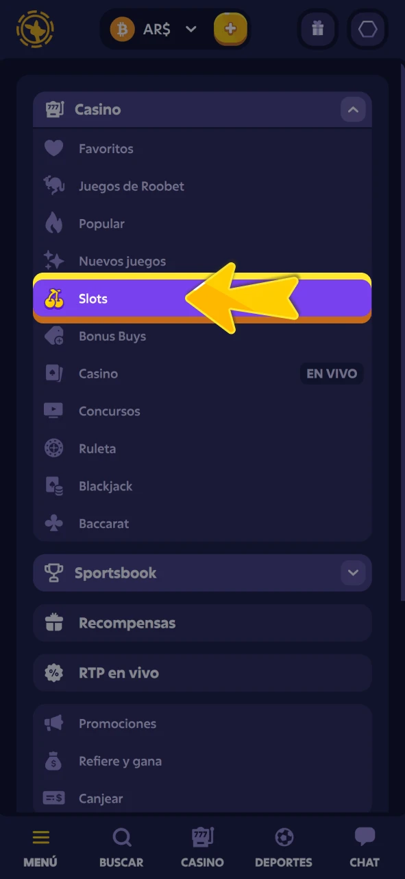 Entre al catálogo de tragamonedas en la plataforma oficial de Roobet.