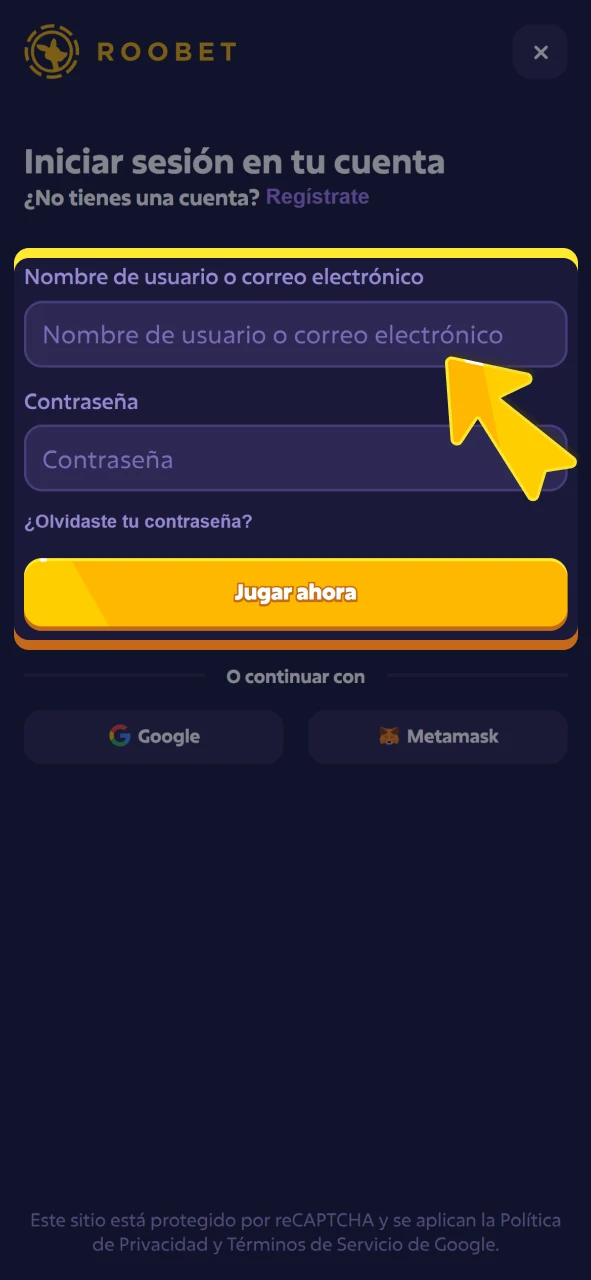 Inicie sesión en su cuenta desde el portal oficial de Roobet.