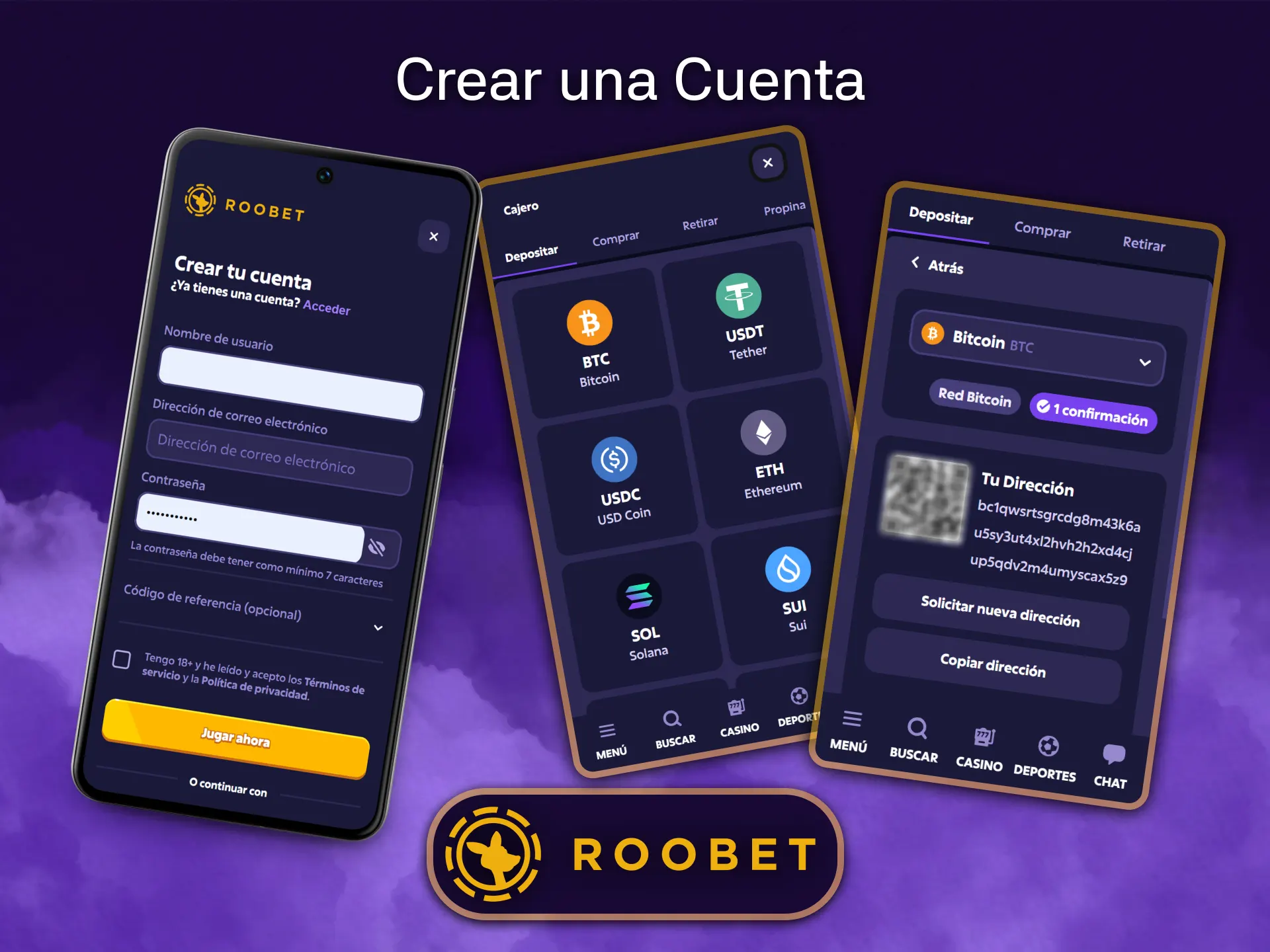 Crea tu cuenta en tan solo unos pasos y empieza a jugar hoy mismo en la aplicación de Roobet.