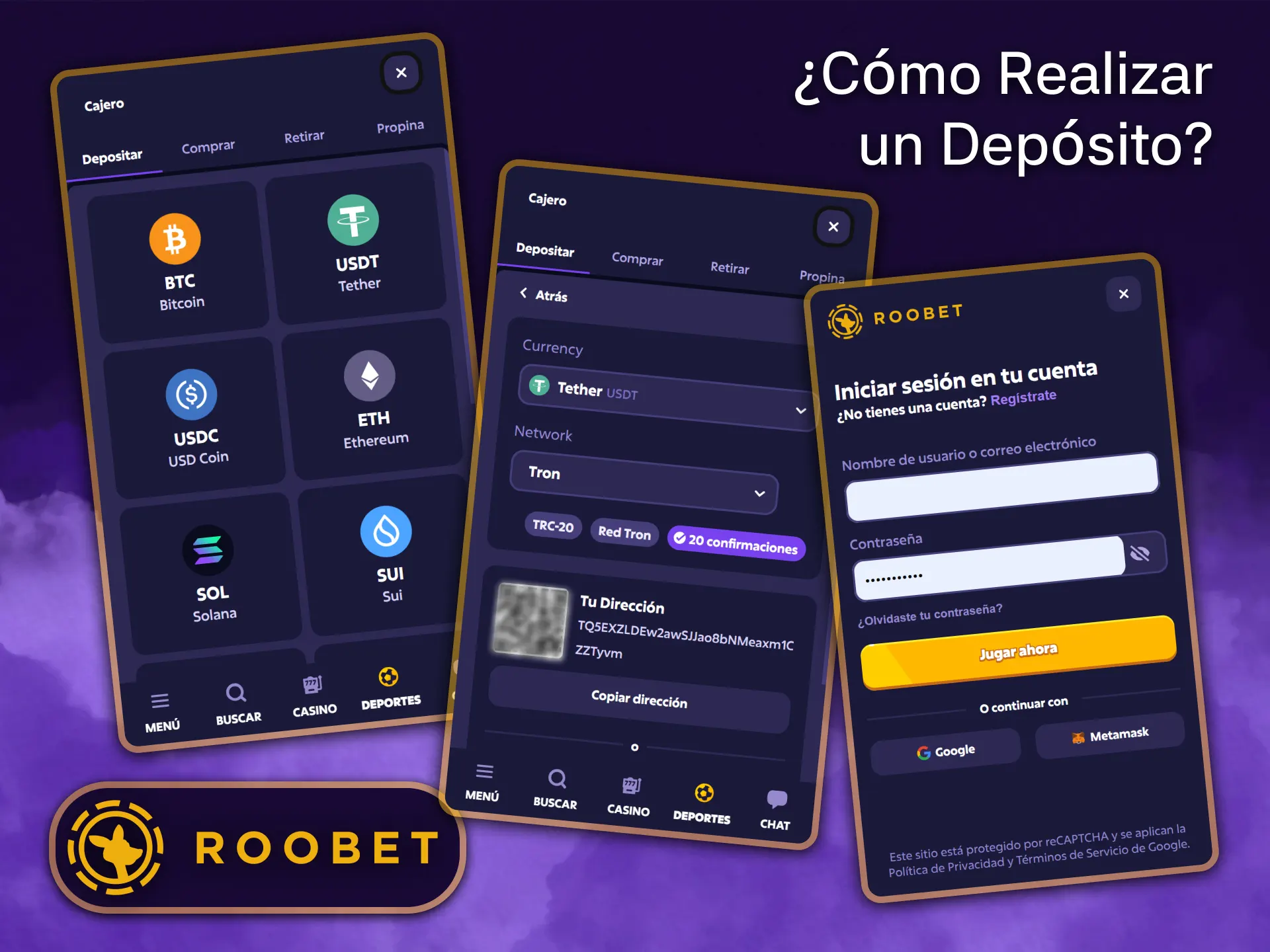 Deposita fondos en tu cuenta de forma rápida y sencilla con la aplicación de Roobet.