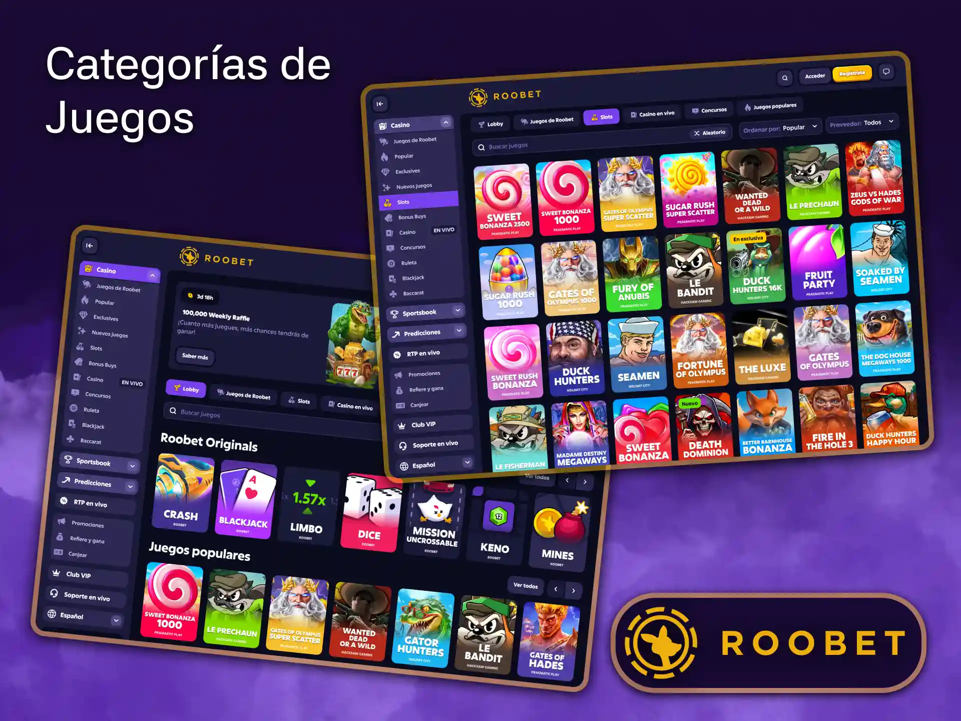 Descubre una emocionante variedad de juegos, agrupados por categorías, en la plataforma online de Roobet.