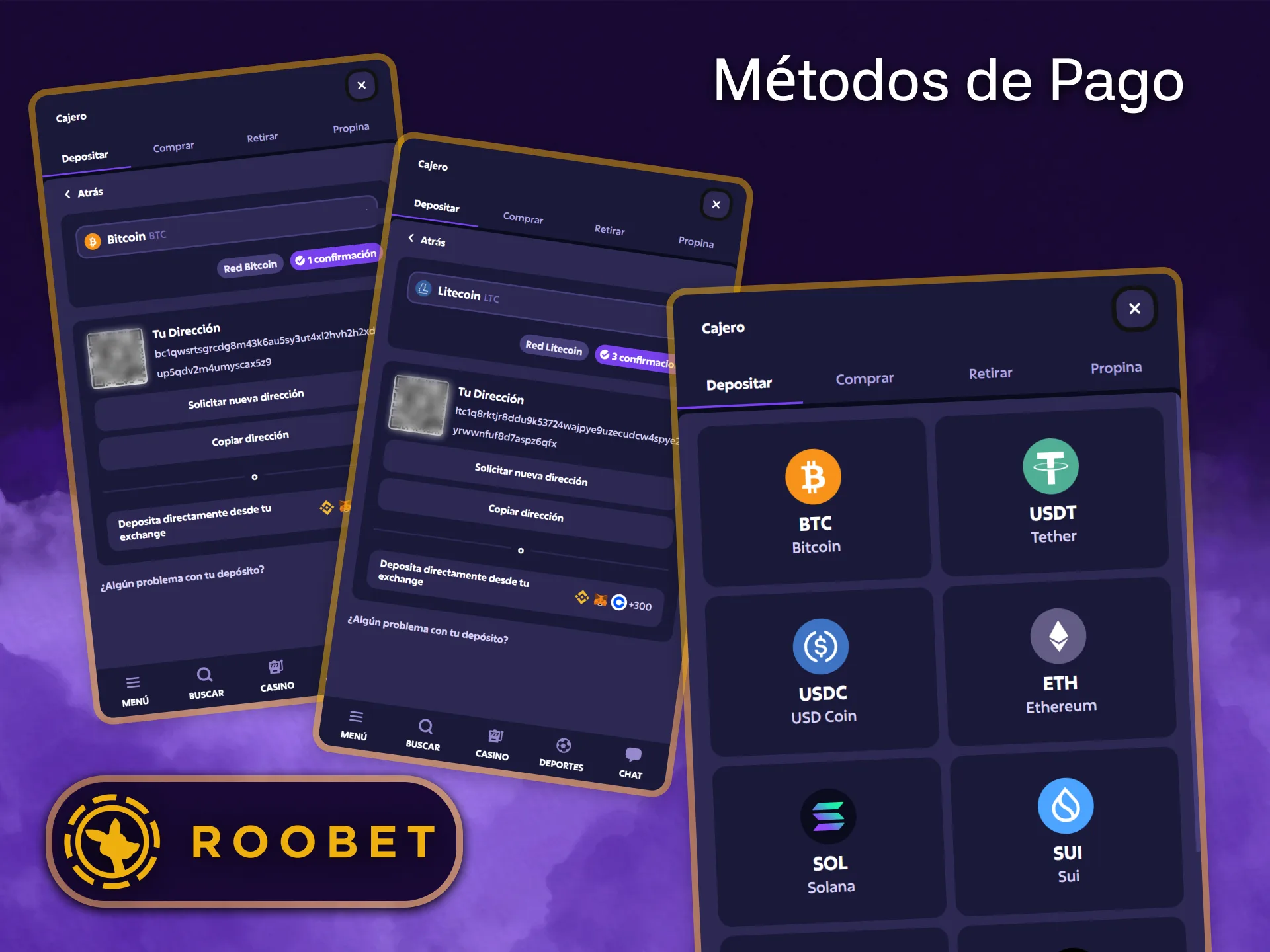 Realiza depósitos instantáneos utilizando tus métodos de pago preferidos en Roobet.