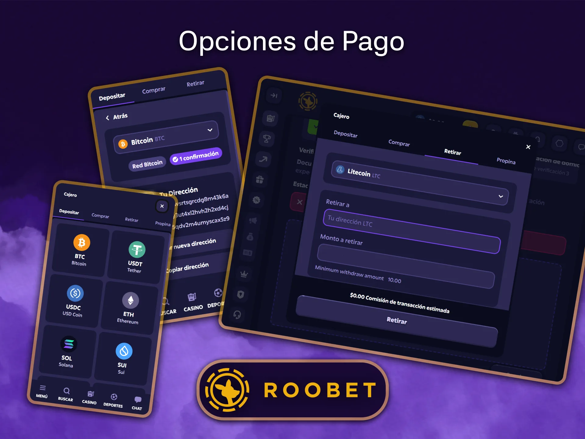 En Roobet, puedes depositar y retirar fondos al instante utilizando las criptomonedas más populares.