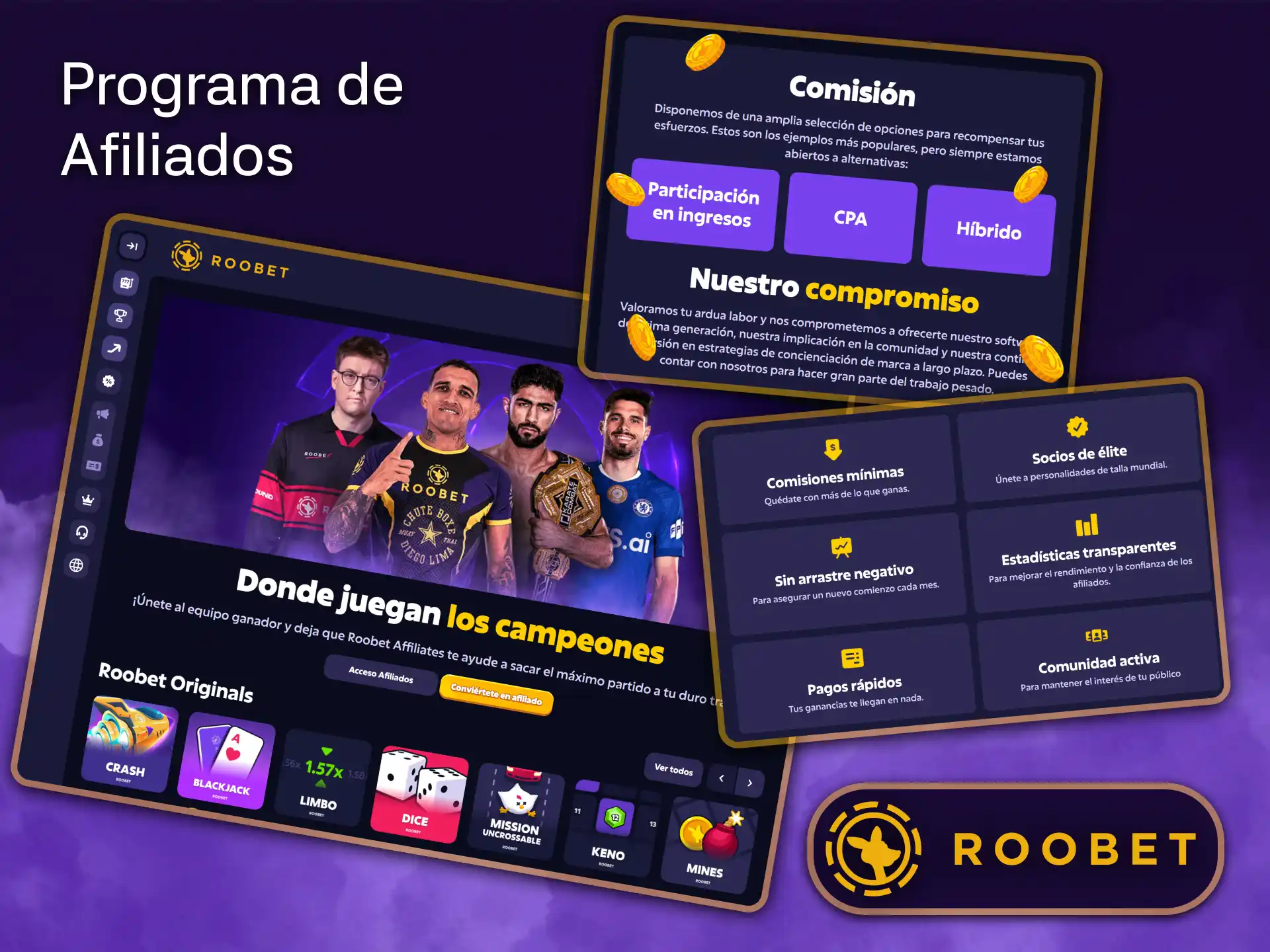 Únete al lucrativo programa de afiliados de Roobet y gana fácilmente excelentes comisiones.