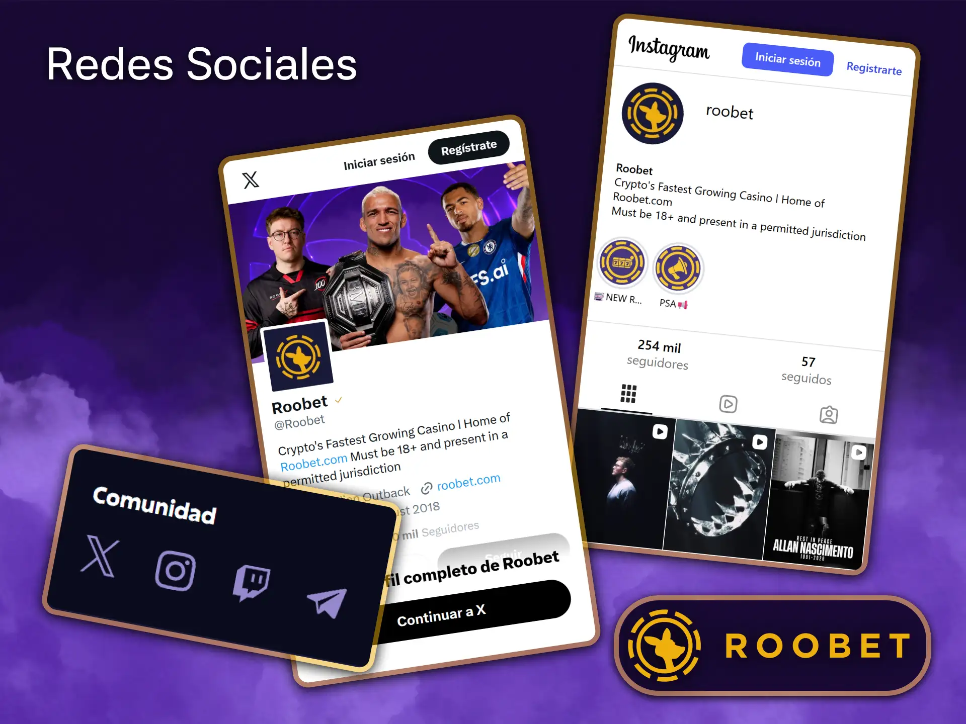 Sigue a Roobet en las redes sociales para estar al día de las novedades, sorteos y promociones.